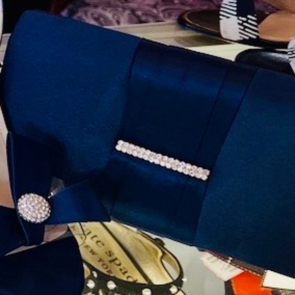 BLUE SATIN EVENING CLUTCH WITH DIAMOND CLASP FEATURE